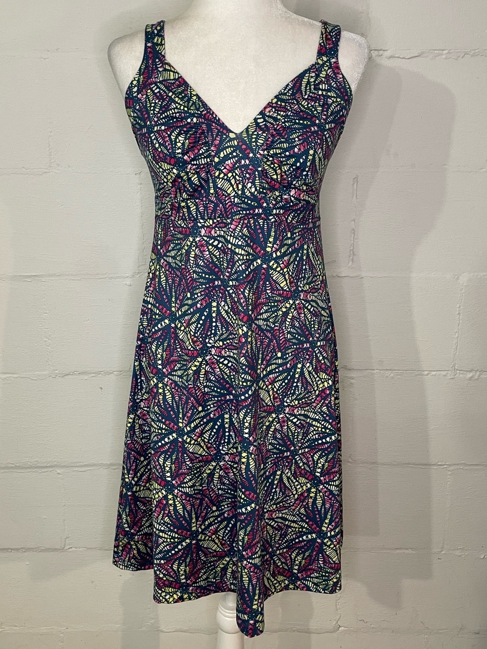 Patagonia Navy Floral-Print V-Neck Midi Dress with Pink and Lime Motif